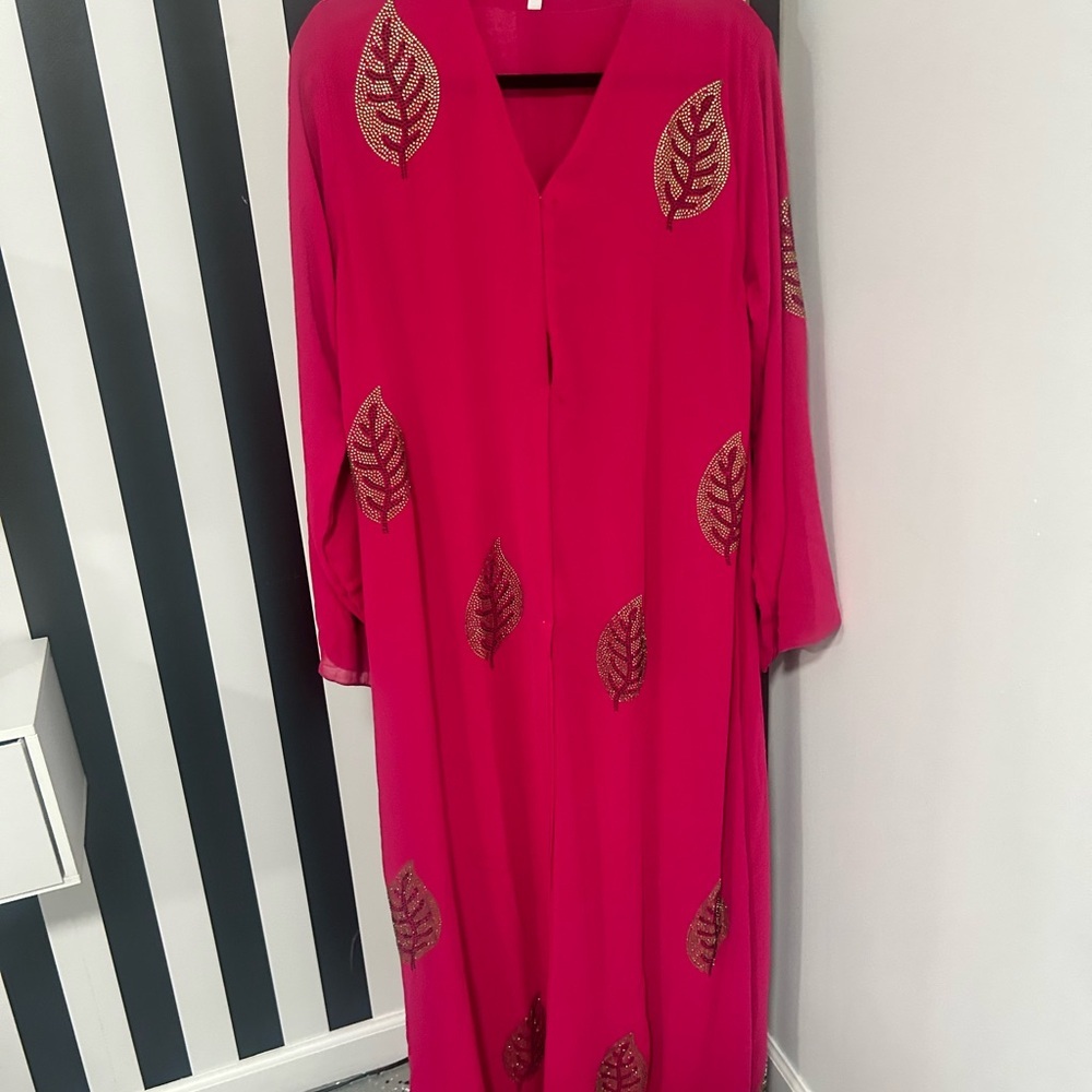 Vibrant Pink Abaya with matching scarf green/black Leaf Accents
